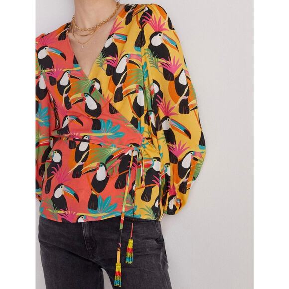 Farm Rio x Anthropologie Toucan Tropical Rainforest Wrap Blouse Size XS - Picture 2 of 15